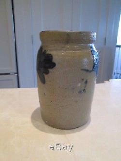 Antique 7 Blue & Gray Salt Glaze Stoneware Decorated Crock Flower Band
