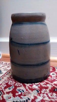 Antique 81/2 in Cobalt Blue Stripe Stone Canning Jar Wax Sealer Crock Stoneware