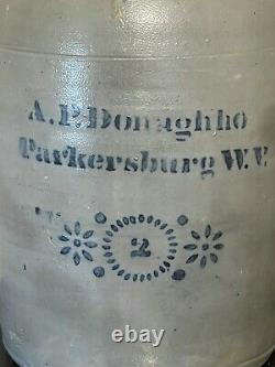 Antique A P DONAGHHO Parkersburgh W. V. Stoneware 2 Gallon Crock Stencil