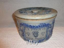 Antique Advertising S. S. Pierce Cobalt Blue Stoneware Pottery Cake Crock w Lid