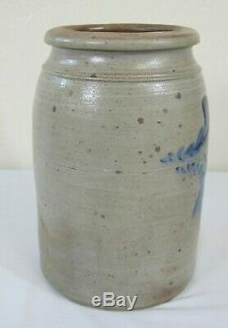 Antique American 1.5 Gallon Blue Decorated Stoneware Crock Large Flowers