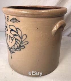 Antique American 3 Gallon Blue Decorated Stoneware Crock Dated 1889