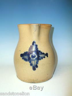Antique American Glazed Stoneware Slip Blue Water Pitcher Crock 19th Century