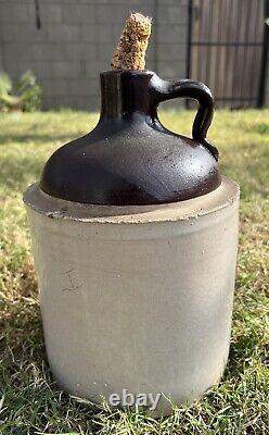 Antique Americana c1800's Salt Glazed Stoneware Crock Four Quart MoonShine Jug