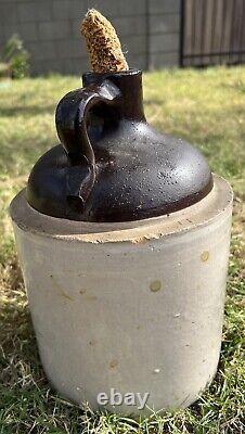 Antique Americana c1800's Salt Glazed Stoneware Crock Four Quart MoonShine Jug