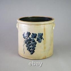Antique Bennington Salt Glazed Blue Decorated Stoneware Crock with Grapes c1870