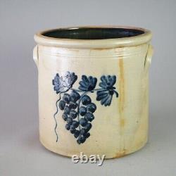 Antique Bennington Salt Glazed Blue Decorated Stoneware Crock with Grapes c1870
