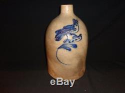Antique Bird on a Branch Cobalt Blue Decorated Stoneware Pottery Jug, 2 Gallon