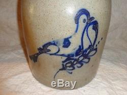 Antique Bird on a Branch Cobalt Blue Decorated Stoneware Pottery Jug, 2 Gallon