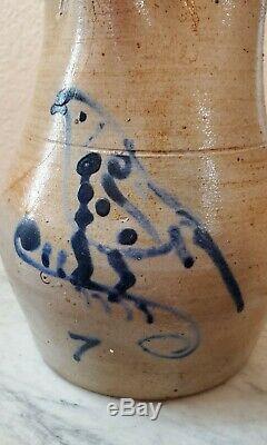 Antique Bird on a Branch Pitcher Cobalt Blue Stoneware with Handle Salt Glaze NY