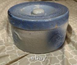 Antique Blue And White Stoneware Rare Cherries Lidded Butter Crock