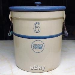 Antique Blue Band Stoneware #6 Jar Beige with Blue Stripe New Wooden Lid