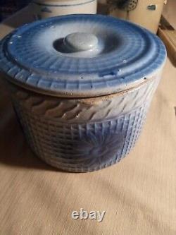 Antique Blue & Cream Ware DAISY & WAFFLE WEAVE Butter Crock Stoneware