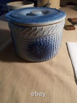 Antique Blue & Cream Ware DAISY & WAFFLE WEAVE Butter Crock Stoneware