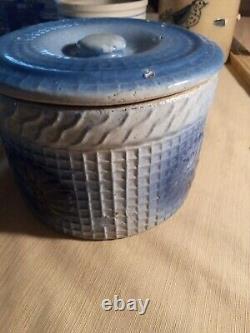 Antique Blue & Cream Ware DAISY & WAFFLE WEAVE Butter Crock Stoneware