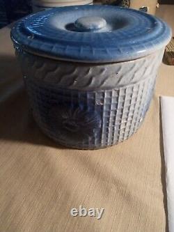 Antique Blue & Cream Ware DAISY & WAFFLE WEAVE Butter Crock Stoneware