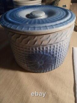 Antique Blue & Cream Ware DAISY & WAFFLE WEAVE Butter Crock Stoneware