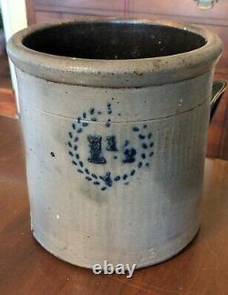 Antique Blue Decorated Crock American Stoneware Salt Glaze 1 1/2 Stencil