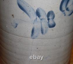 Antique Blue Decorated Gray Stoneware 3 Gallon Crock Cracked 13.5