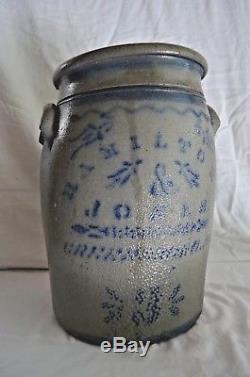 Antique Blue Decorated Hamilton & Jones Stoneware Crock/3 Gallon