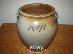 Antique Blue Decorated Ovoid Shaped Stoneware Script Crock / Dated 1841