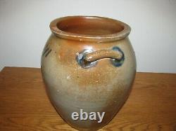 Antique Blue Decorated Ovoid Shaped Stoneware Script Crock / Dated 1841