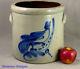 Antique Blue Decorated Paddletail Bird Stoneware Crock 19th Cent