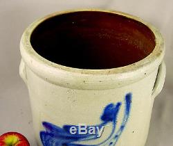 Antique Blue Decorated Paddletail Bird Stoneware Crock 19th cent