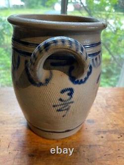 Antique Blue Decorated Pottery 3/4 gallon stoneware handled crock