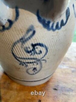Antique Blue Decorated Pottery 3/4 gallon stoneware handled crock