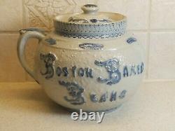 Antique Blue Decorated Stoneware Boston Baked Beans Crock Very Old