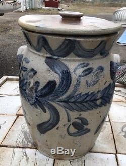 Antique Blue Decorated Stoneware Crock