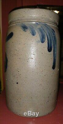 Antique Blue Decorated Stoneware Crock Jar Floral Design