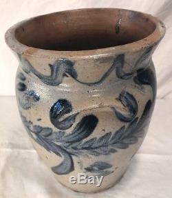 Antique Blue Decorated Stoneware Crock With Lid