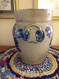 Antique Blue Decorated Stoneware Jar with Cobalt Floral Decoration