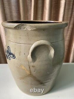 Antique Blue Decorated Stoneware Ovoid Crock withDog Ear Handles