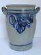 Antique Blue Floral Stoneware Crock Kg Initials With Handles 13 3/8 Tall