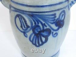 Antique Blue Floral Stoneware Crock KG initials with Handles 13 3/8 tall