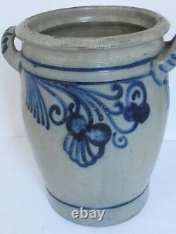 Antique Blue Floral Stoneware Crock KG initials with Handles 13 3/8 tall