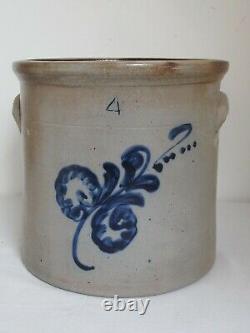 Antique Blue Slip Decorated Salt Glazed #4 Stoneware Crock 11 tall