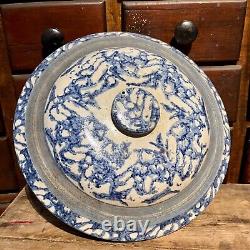 Antique Blue Spongeware Stoneware Crock Lid No 3 Blue Speckled Pattern 10-1/2 D