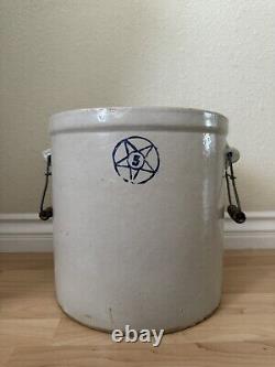 Antique Blue Star Stoneware 5 Gallon Crock Primitive Handles