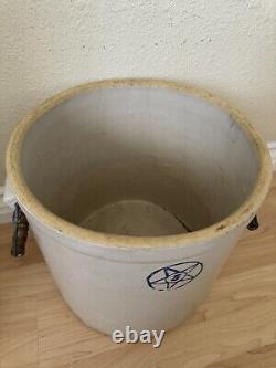 Antique Blue Star Stoneware 5 Gallon Crock Primitive Handles