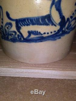 Antique Blue Stoneware Crock with Cobalt Deer Decoration Fort Edward, New York