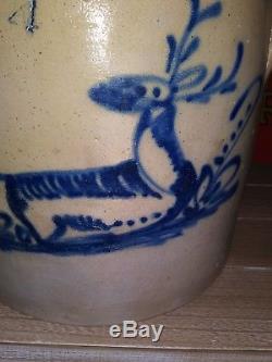 Antique Blue Stoneware Crock with Cobalt Deer Decoration Fort Edward, New York