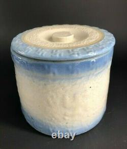 Antique Blue White Indian Stoneware Swastika Good Luck Butter Crock Jar with Lid