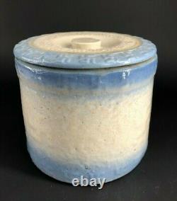Antique Blue White Indian Stoneware Swastika Good Luck Butter Crock Jar with Lid