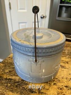 Antique Blue/White Stoneware Butter Crock with Peacock With Handle