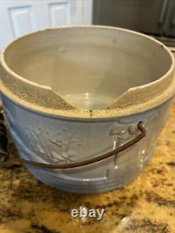 Antique Blue/White Stoneware Butter Crock with Peacock With Handle