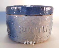 Antique Blue & White Stoneware Cows & Fence Salt Glaze Butter Crock